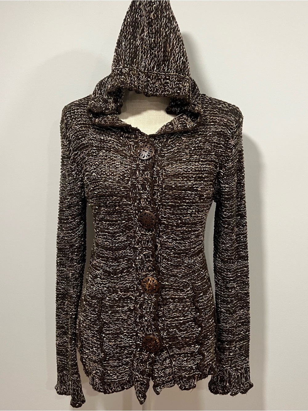 BCBG Brown Marled Hooded Wooden Button-Front Women’s Sweater